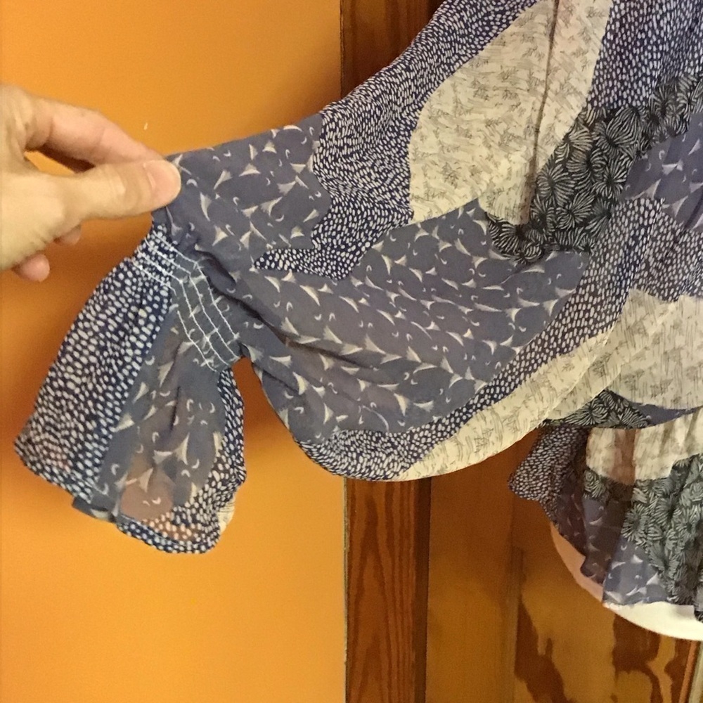 BB Dakota Patchwork Peplum Blouse Medium Boho Cottagecore Sheer Sleeve Ruffle - Picture 12 of 15